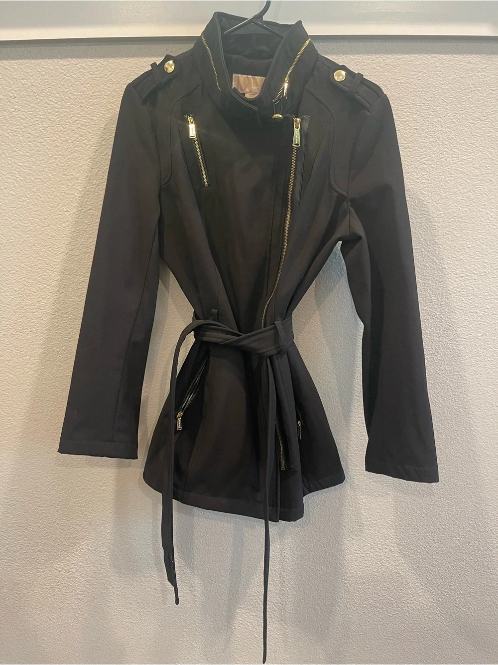 Michael Kors Black Belted Trench Coat with Gold Hardware